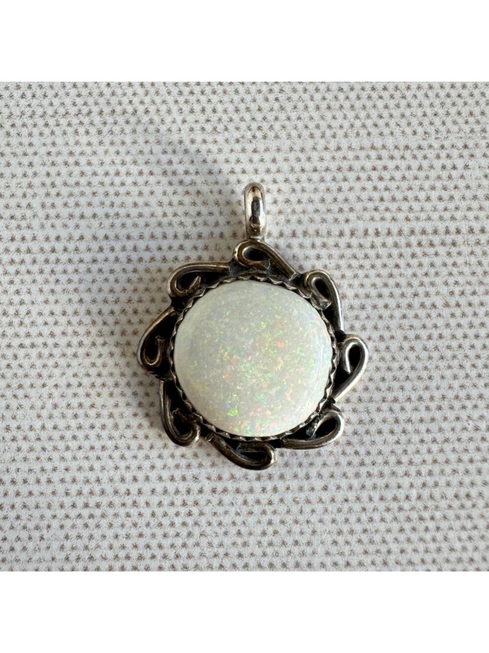 Vintage Sterling Silver White Opal Pendant Scroll Frame Signed JP